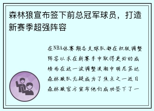森林狼宣布签下前总冠军球员，打造新赛季超强阵容